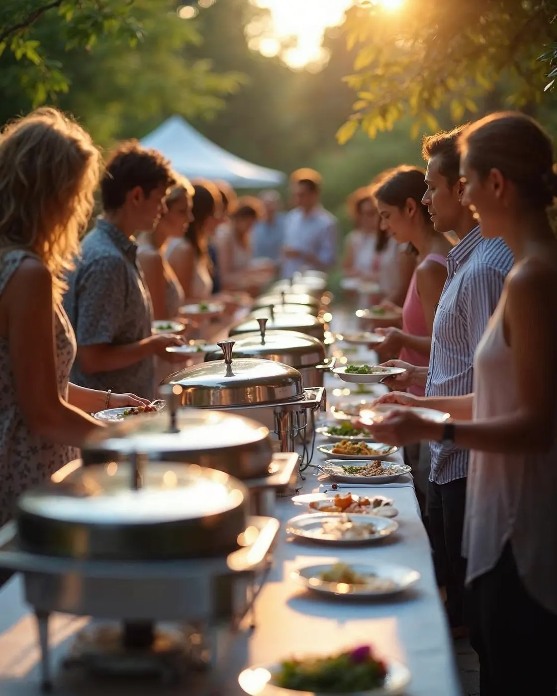 Leeres Buffet auf einer Firmenfeier, wartende Mitarbeiter