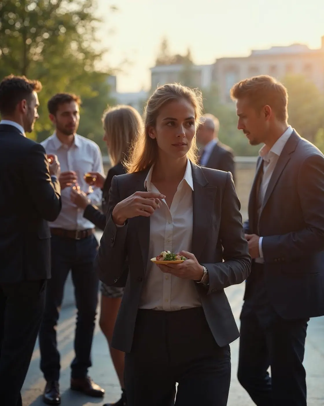 Organisatorin beobachtet angespannt, wie Kollegen das Catering bewerten