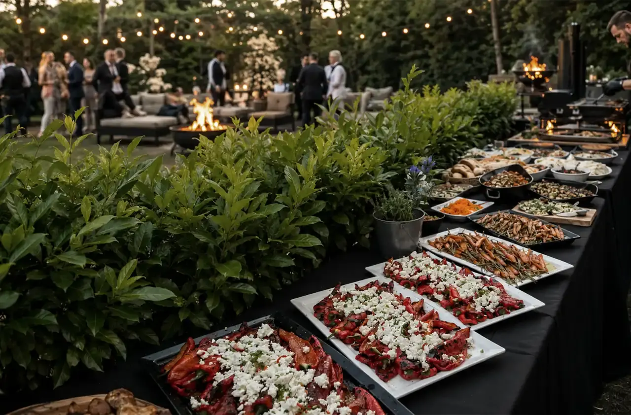 Hochzeitsfeier am Abend im Garten mit Buffet und Lichterketten