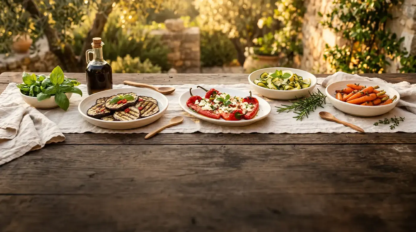 Gedeckter Tisch mit Salaten und Beilagen im Garten